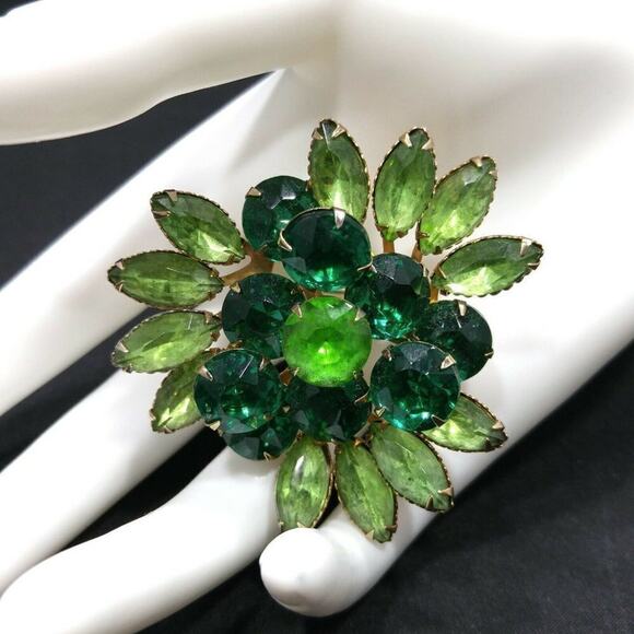 Vintage Green Rhinestone Brooch, 3D Flower, Riveted Prong Set, 1950s, 2 1/8" In - Picture 1 of 10